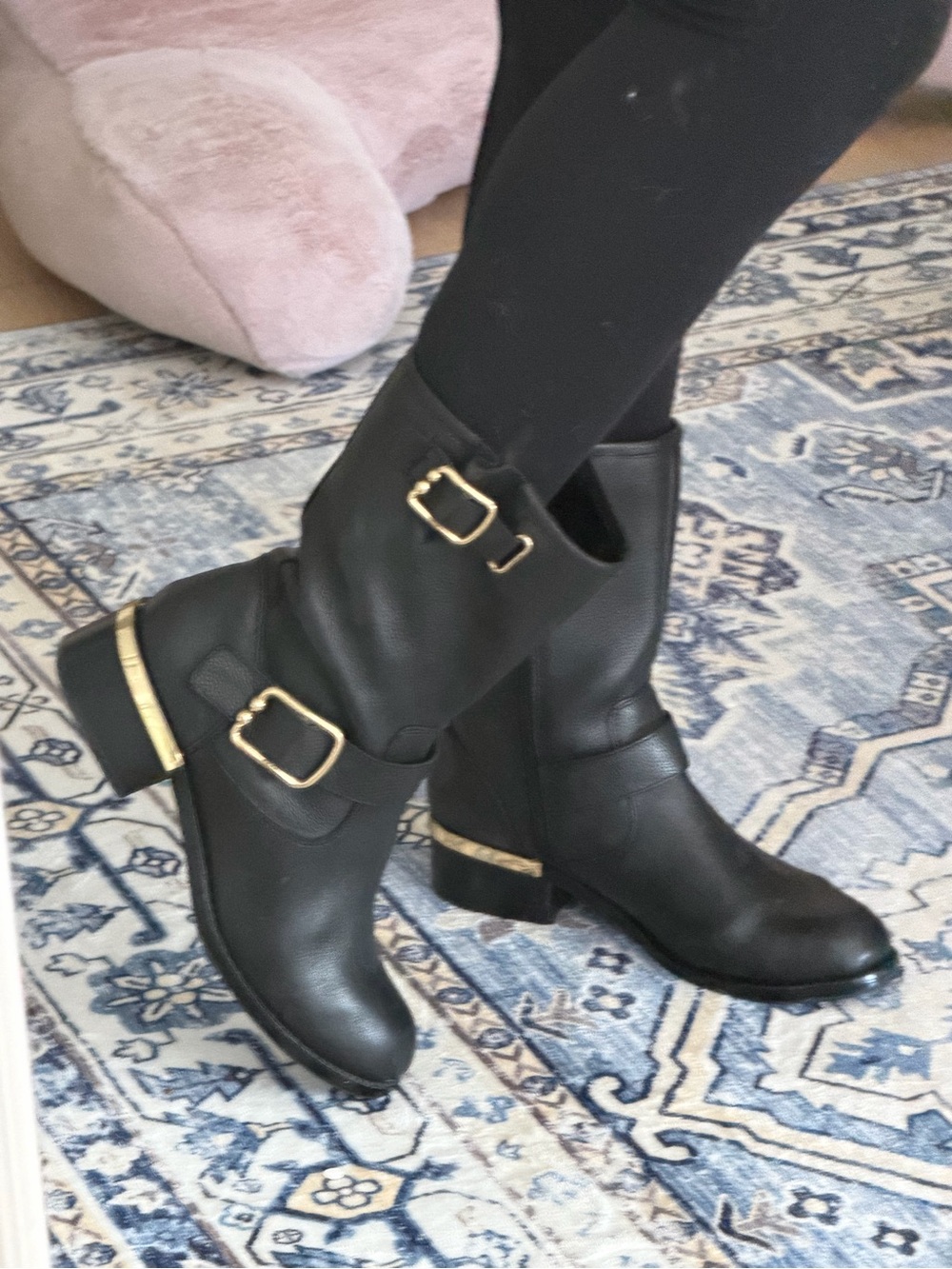 Vince Camuto Mid-Calf Leather Boots with Gold Buckle Accents